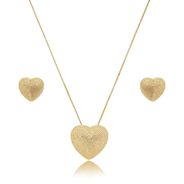 Colar e brinco coração metal texturizado ouro semijoia 18a01002
