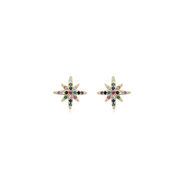 Brinco estrela p zircônias coloridas ouro semijoia 21a05003