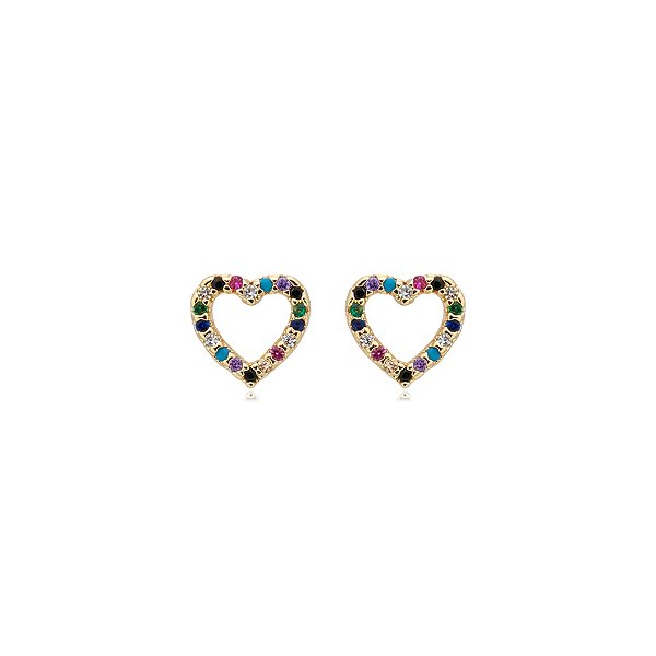Brinco coração zircônias coloridas ouro semijoia 21a04008