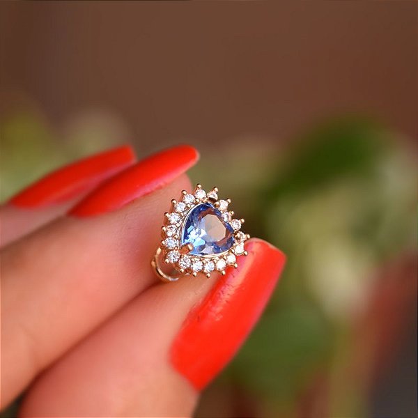 Piercing de encaixe individual coração cristal azul zircônia ouro semijoia DA 500
