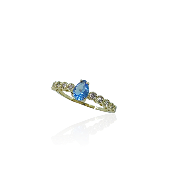 Anel meia aliança zircônia gota azul ouro semijoia DA 497