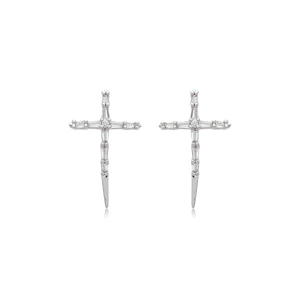 Brinco crucifixo zircônia ródio semijoia 2932