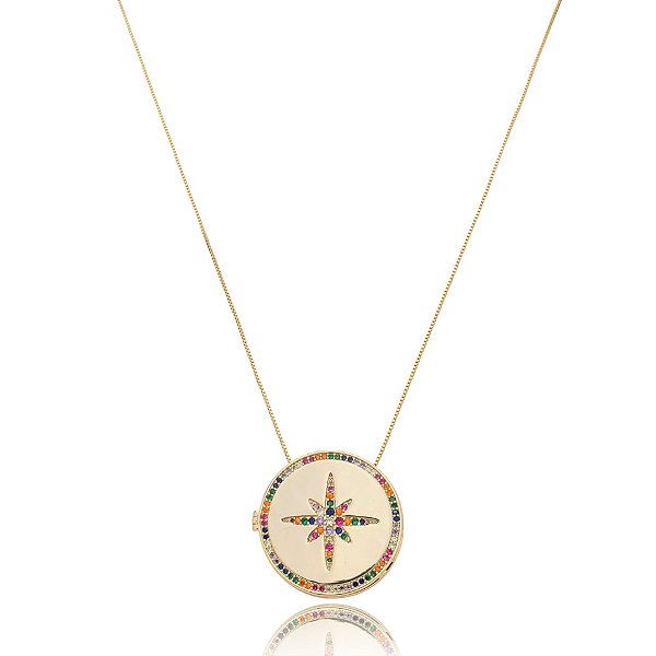 Colar relicário estrela zircônia colorida ouro semijoia XL-211031