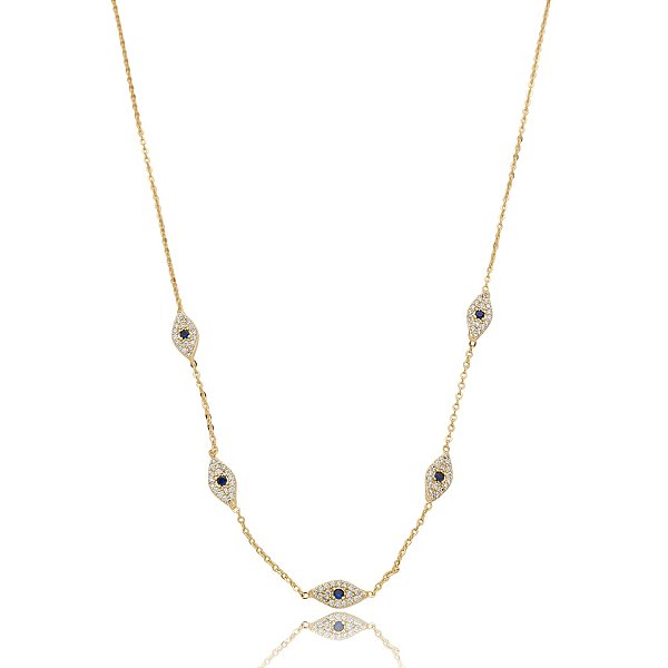 Colar curto olho grego zircônia azul marinho ouro semijoia XL-210392