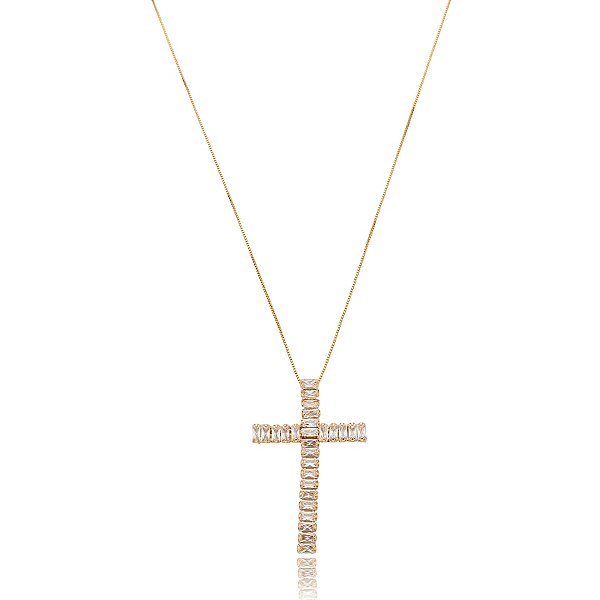 Colar crucifixo zircônia baguete ouro semijoia XL-210908