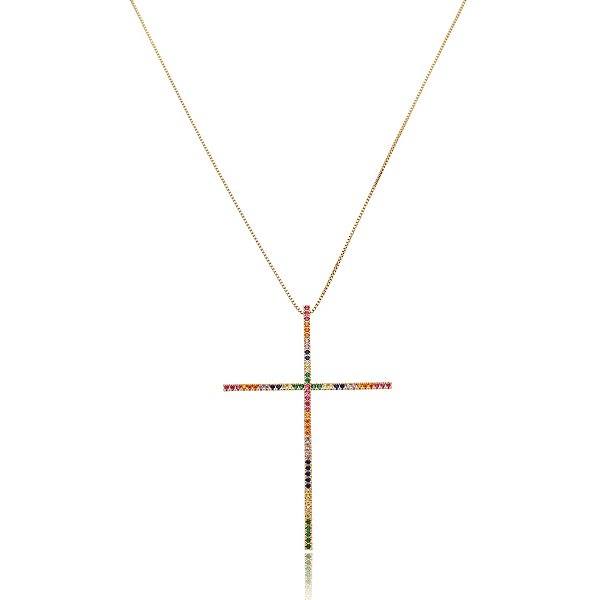 Colar crucifixo palito zircônia colorida ouro semijoia XL-210806