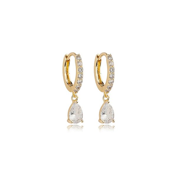 Brinco argolinha penduricalho gota zircônia ouro semijoia E7621