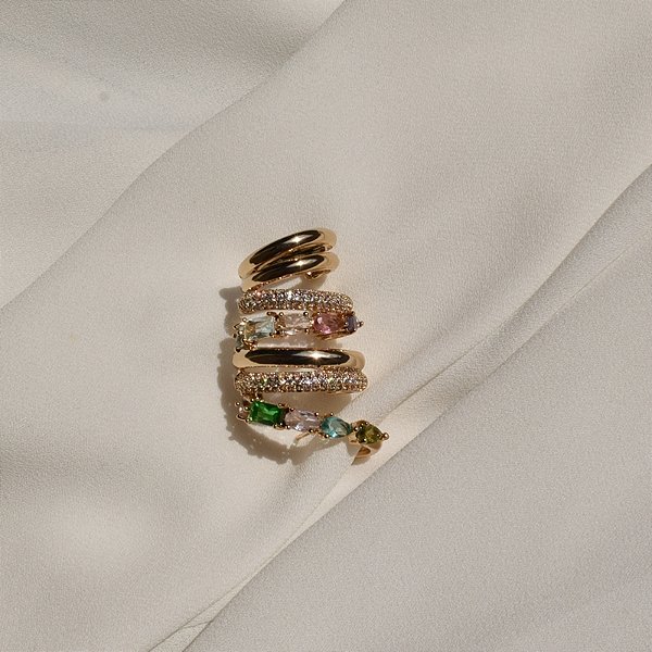 Brinco ear cuff aros zircônia colorida lado direito ouro semijoia BA 4483