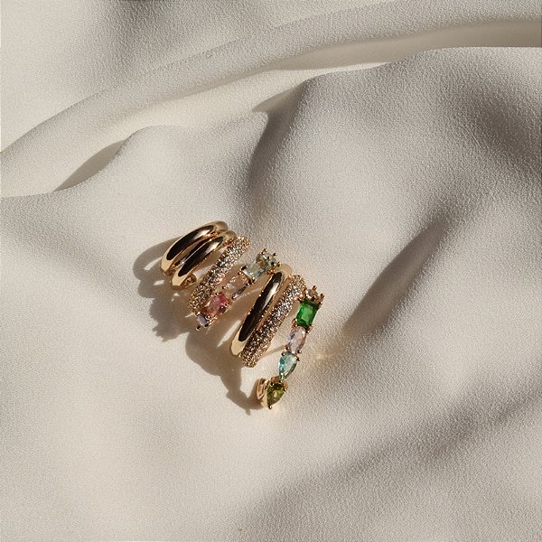 Brinco ear cuff aros zircônia colorida lado esquerdo ouro semijoia BA 4483