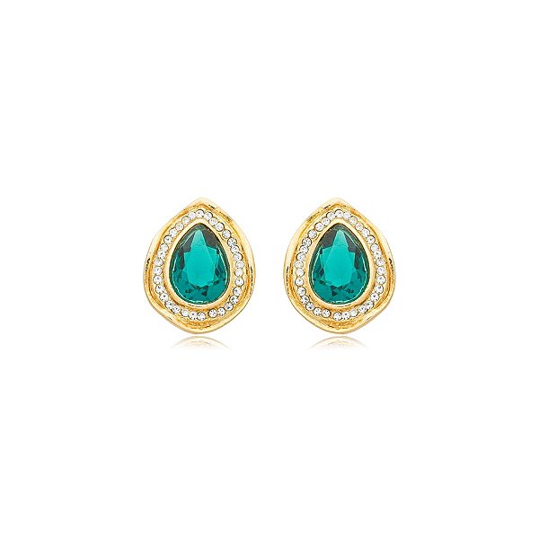 Brinco Nino Bran gota cristal verde esmeralda ouro semijoia