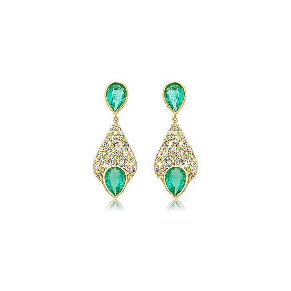 Brinco Nino Bran gota verde cristais coloridos ouro semijoia