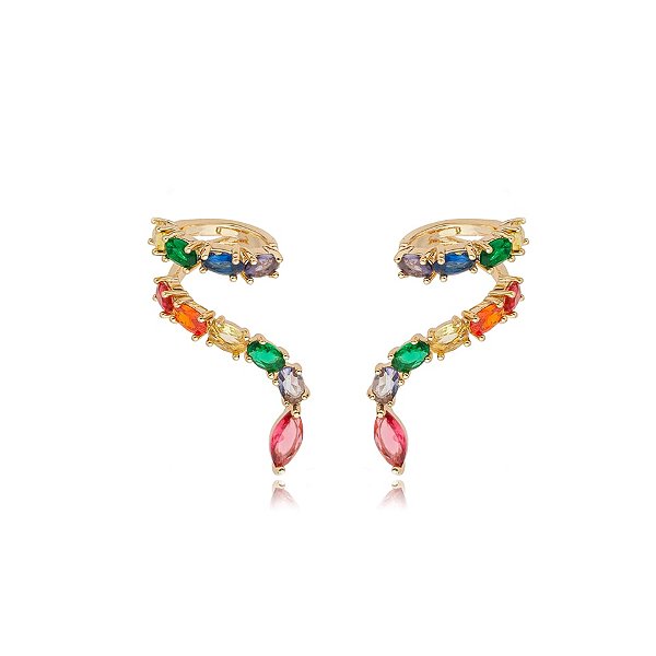 Brinco ear cuff zircônias coloridas ouro semijoia E210521