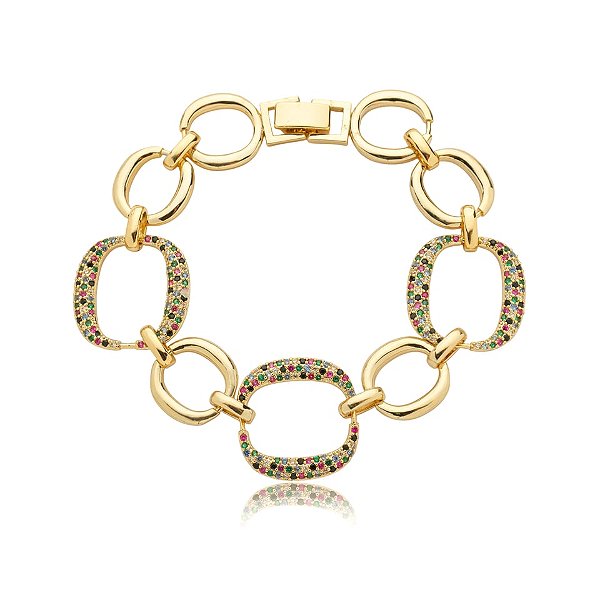 Pulseira elos zircônia coloridas ouro semijoia PU 850