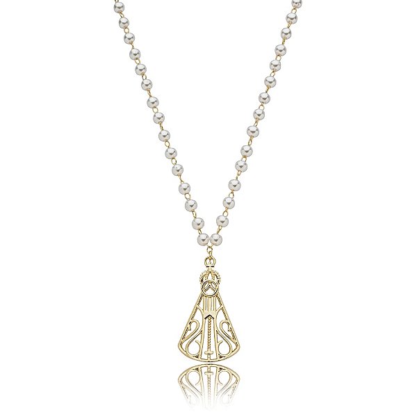 Colar Nossa Senhora pérola ouro semijoia XD 544