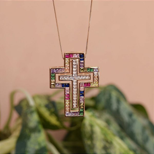 Colar crucifixo zircônia colorida ouro semijoia XD 453