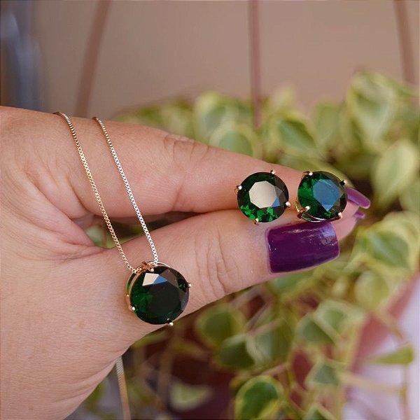 Colar e brinco redondo cristal verde esmeralda g ouro semijoia - Muzazen  Semijoias e Acessórios de Moda