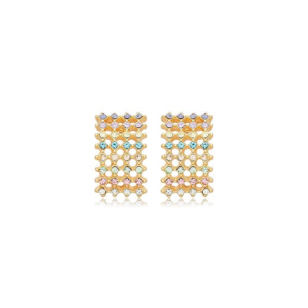 Brinco retangular Nino Bran cristais coloridos ouro semijoia