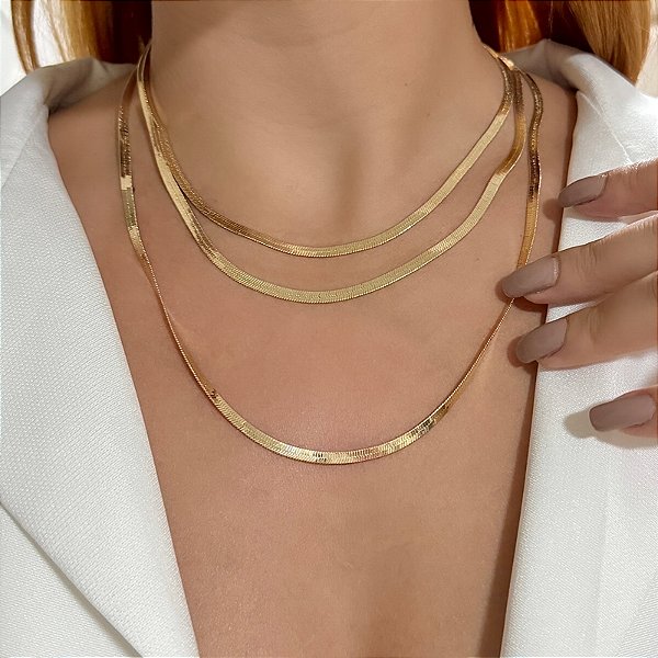 Colar triplo choker malha ouro semijoia