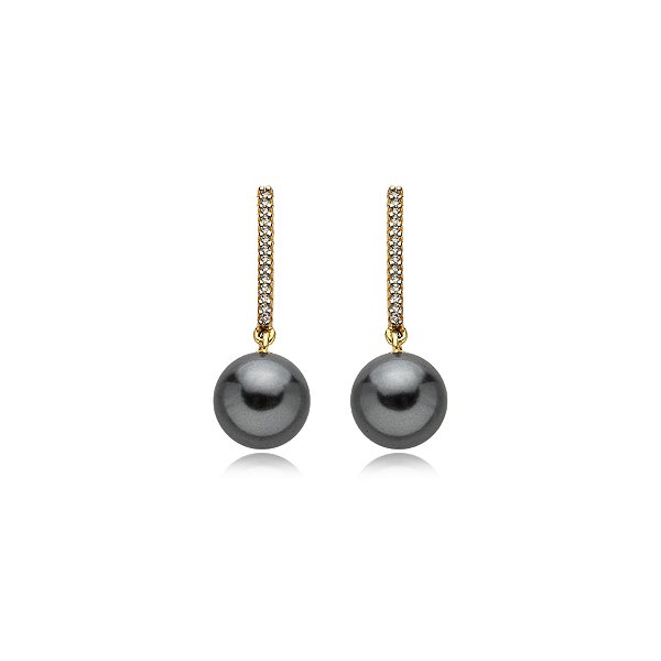 Brinco palito pérola shell grafite zircônia ouro semijoia