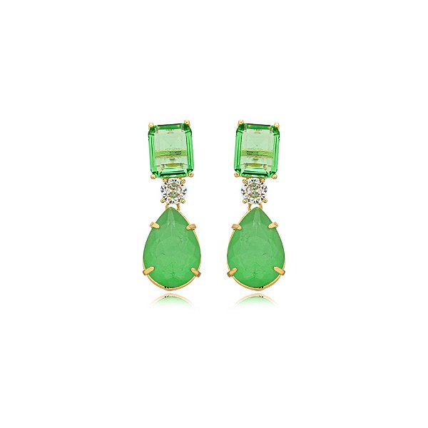 Brinco gota cristal fusion verde ouro semijoia