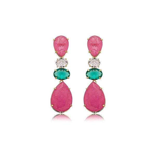 Brinco gota cristal fusion rosa e verde ouro semijoia
