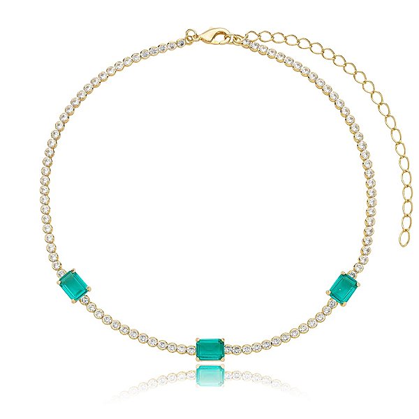 Colar choker zircônia cristal verde ouro semijoia
