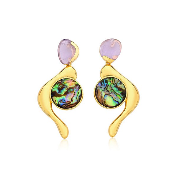 Brinco Ayla pedras naturais Ametista e Abalone ouro semijoia