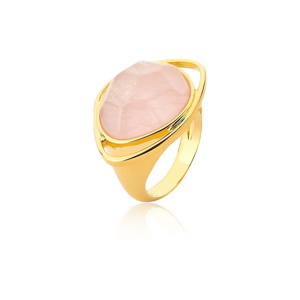 Anel Ayla pedra natural quartzo rosa ouro semijoia