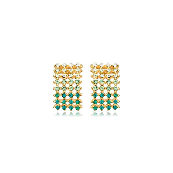 Brinco retangular Nino Bran cristais azuis ouro semijoia