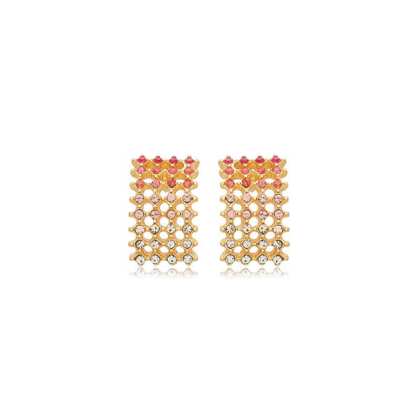 Brinco retangular Nino Bran cristais rosa ouro semijoia