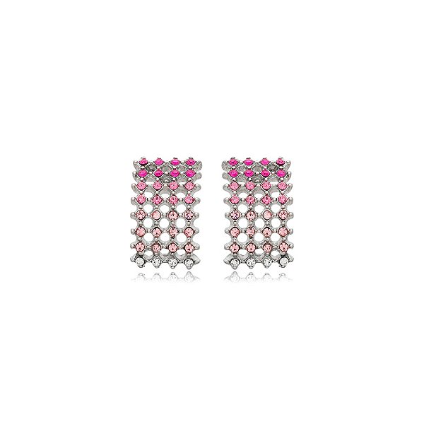 Brinco retangular Nino Bran cristais rosa ródio semijoia