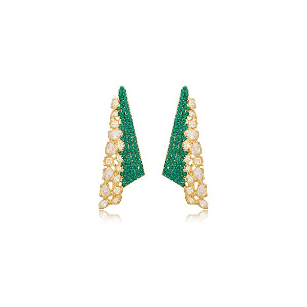Brinco Nino Bran frontal  cristais verde ouro semijoia