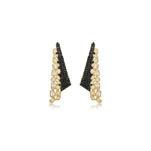 Brinco Nino Bran frontal cristais preto ouro semijoia