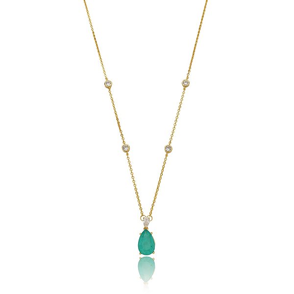 Colar Elaine Palma corrente gota cristal fusion esmeralda ouro semijoia