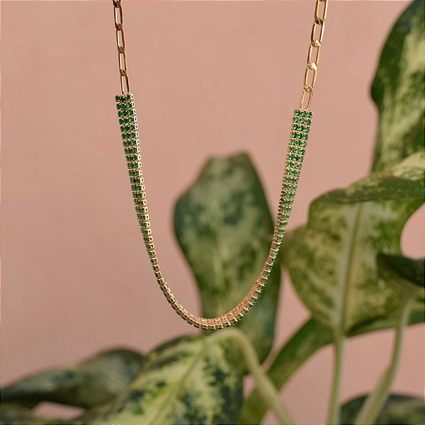 Colar choker zircônias verde ouro semijoia