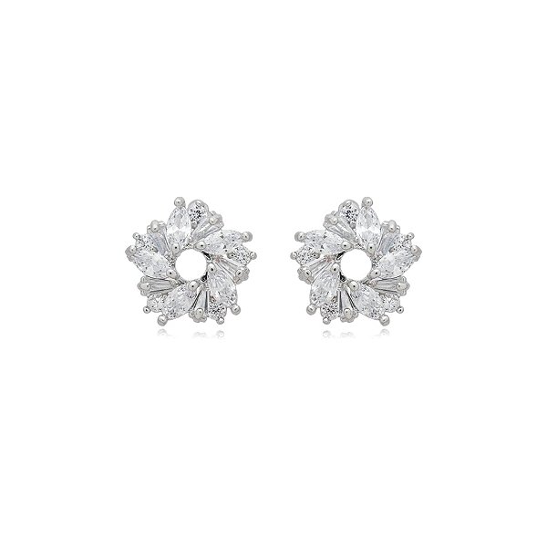 Brinco flor zircônia ródio semijoia BA 4388