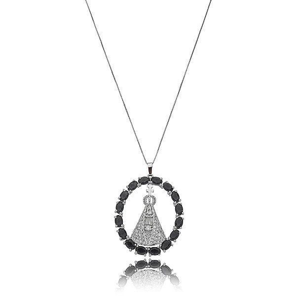 Colar oval Nossa Senhora Aparecida zircônia cristal azul ródio semijoia MS 103