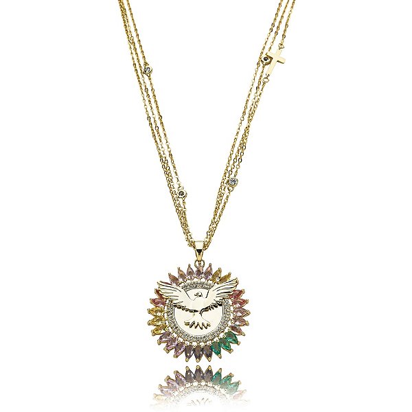 Colar triplo Espírito Santo zircônias coloridas ouro semijoia XD 864