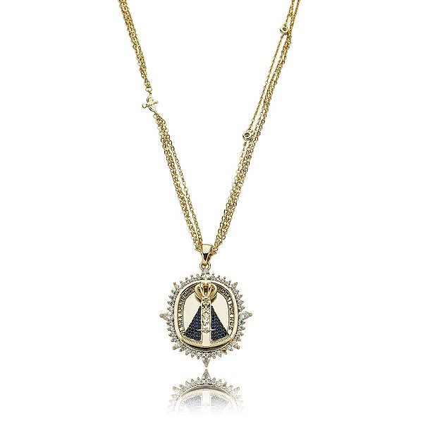Colar triplo Nossa Senhora Aparecida zircônias cristal e azul ouro semijoia XD 881