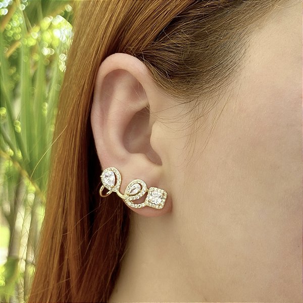 Brinco ear cuff zircônia ouro semijoia BA4716