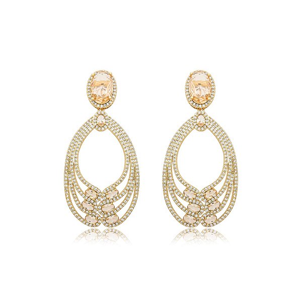 Brinco oval zircônia cristal topázio ouro semijoia BA 4686
