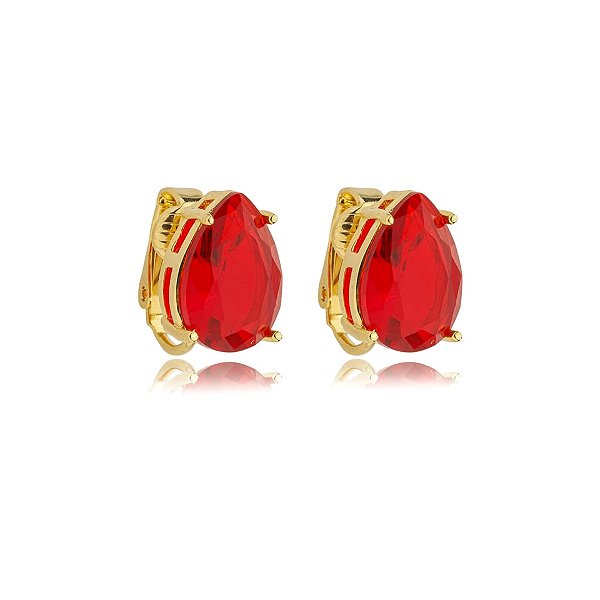 Brinco pressão gota cristal vermelho ouro semijoia 2968