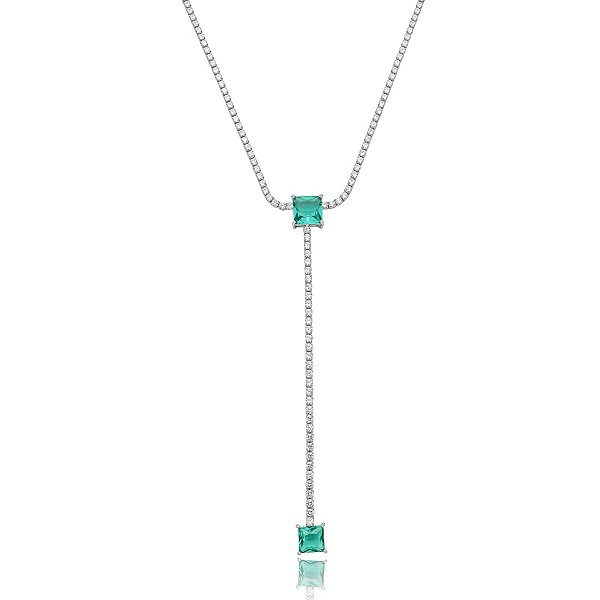 Colar gravatinha quadrado zircônia cristal verde ródio semijoia CLR 1260