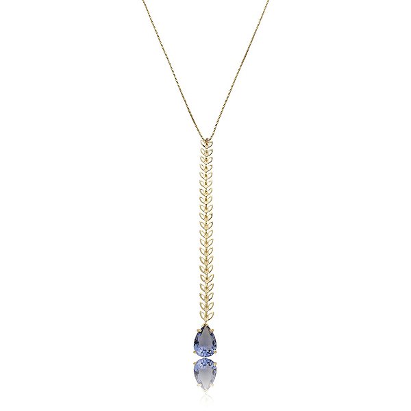 Colar gravatinha folhas cristal gota lilás ouro semijoia CLC 904