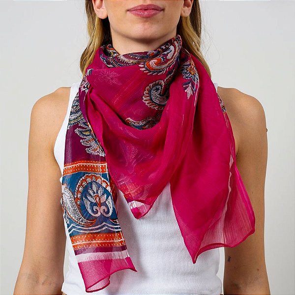 Lenço indiano seda estampado rosa - Muzazen Semijoias e Acessórios de Moda