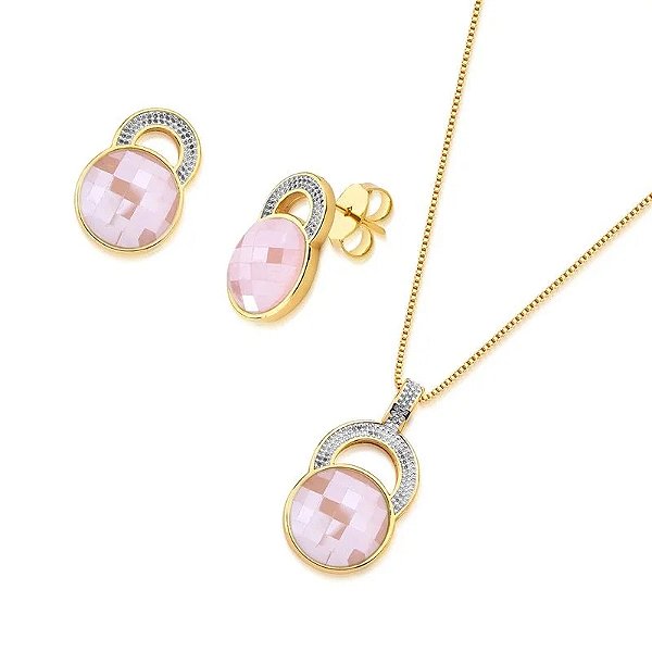 Colar e brinco pedra natural quartzo rosa perolado ouro semijoia