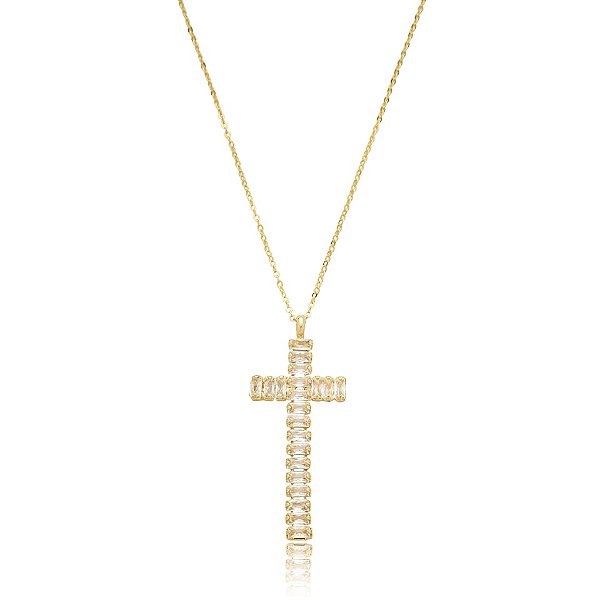 Colar corrente crucifxo zircônia cristal ouro semijoia