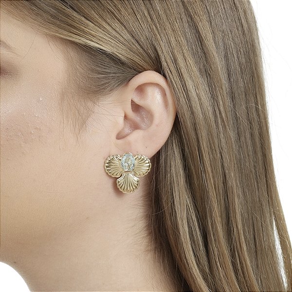 Brinco conchas cristal oval aquamarine ouro semijoia