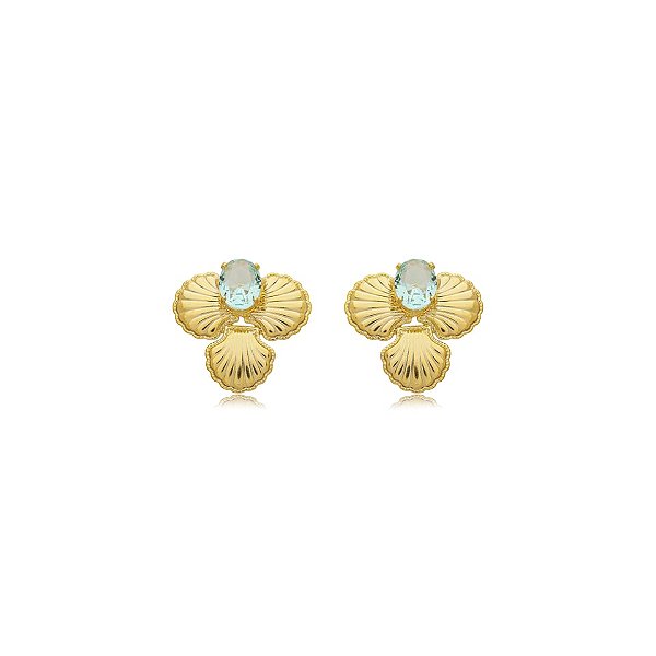 Brinco conchas cristal oval aquamarine ouro semijoia