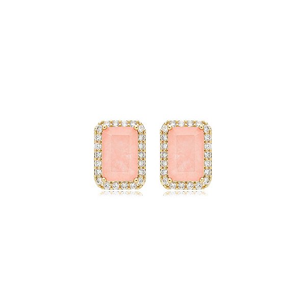 Brinco retangular zircônia cristal salmão ouro semijoia